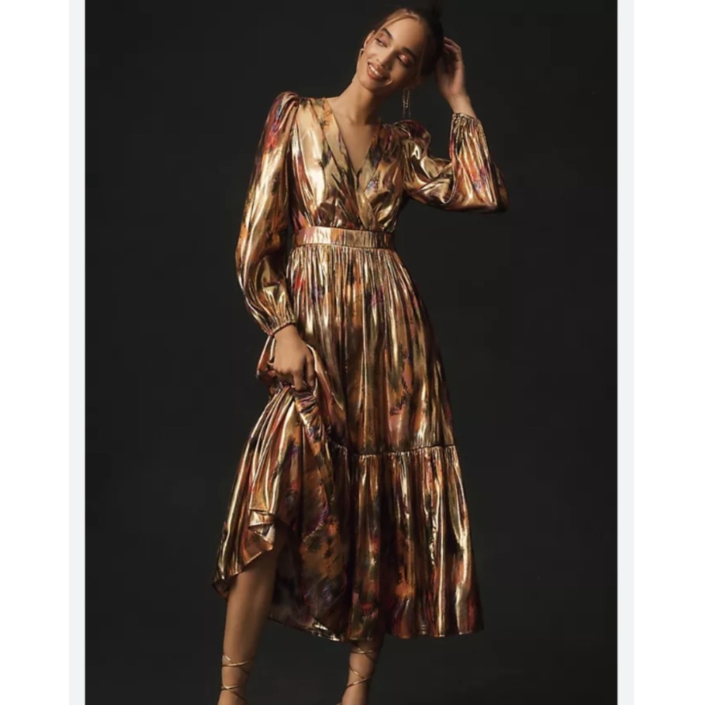 Anthropologie Metallic Bronze Multi Long-Sleeve V-Neck Midi Dress